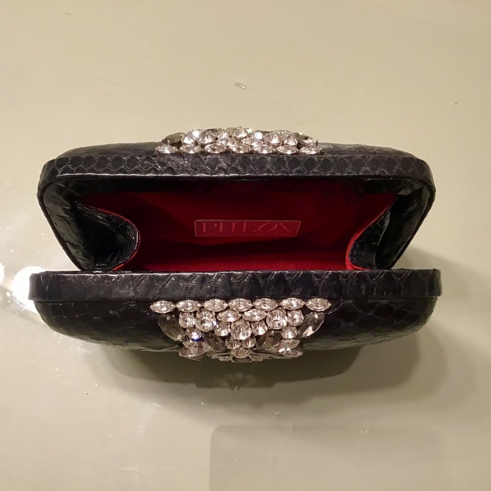 Phlox Black Clutch with Rhinestones and Red suede interior